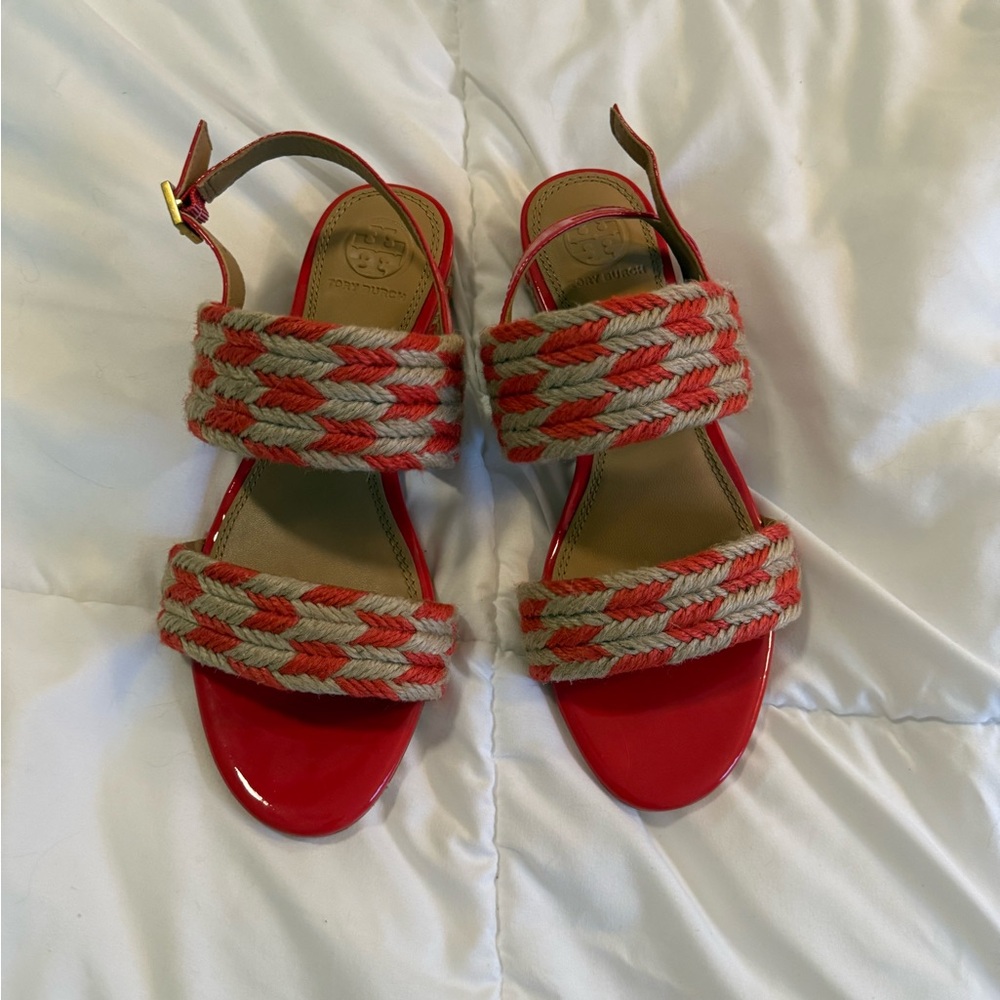 Tory Burch Red and Tan Espadrille Sandals - Picture 2 of 8